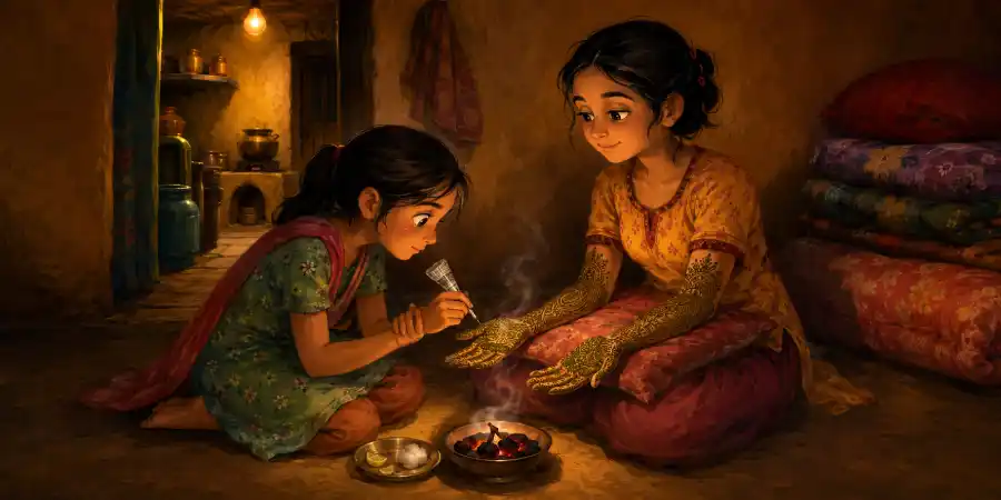 दुल्हन की हथेलियों पर मेहँदी का गहरा रंग, पास में मेहँदी का कोन और नींबू-चीनी की कटोरी