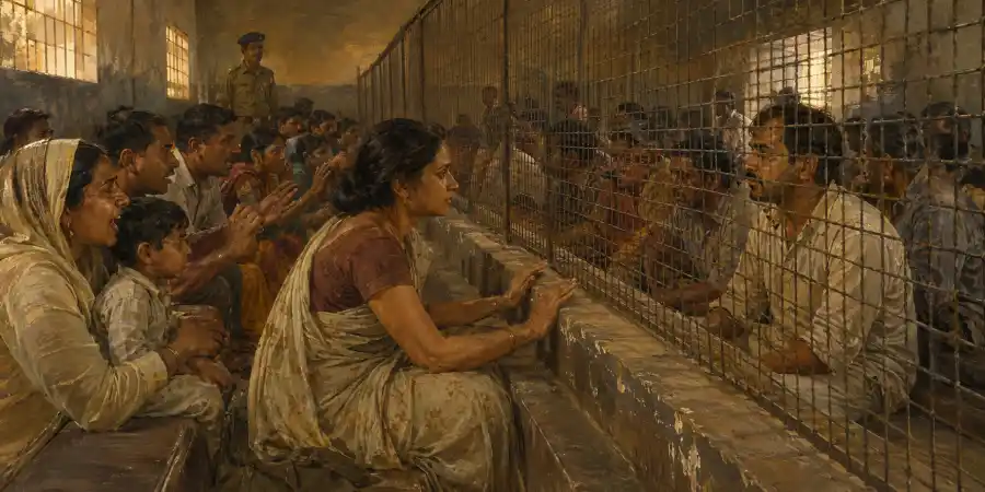जेल की मुलाक़ात वाली जाली, दोनों तरफ़ बैठे लोग और हाथ में मुड़ी हुई परची
