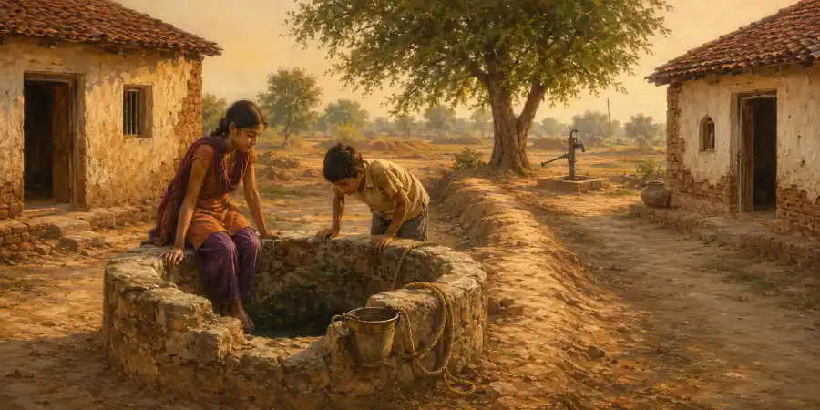 गाँव के दो खेतों के बीच की मेड़ और उस पर बना पुराना कच्चा कुआँ