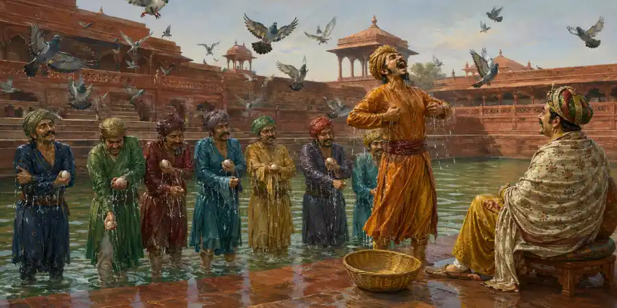 फ़तेहपुर सीकरी के पत्थर के हौज़ में कमर तक पानी में खड़े दरबारी और किनारे पर बैठा बादशाह