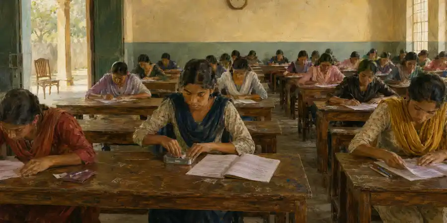 परीक्षा कक्ष की लकड़ी की डेस्क पर रखी उत्तर पुस्तिका और उसके पास पड़ी एक मुड़ी हुई काग़ज़ की पर्ची