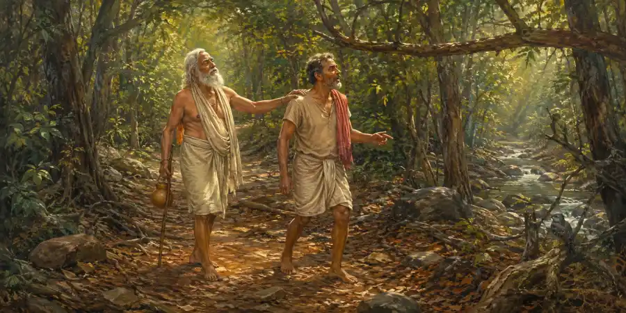 जंगल की पगडंडी पर एक आदमी दूसरे का हाथ अपने कंधे पर लिए धीरे-धीरे चल रहा है