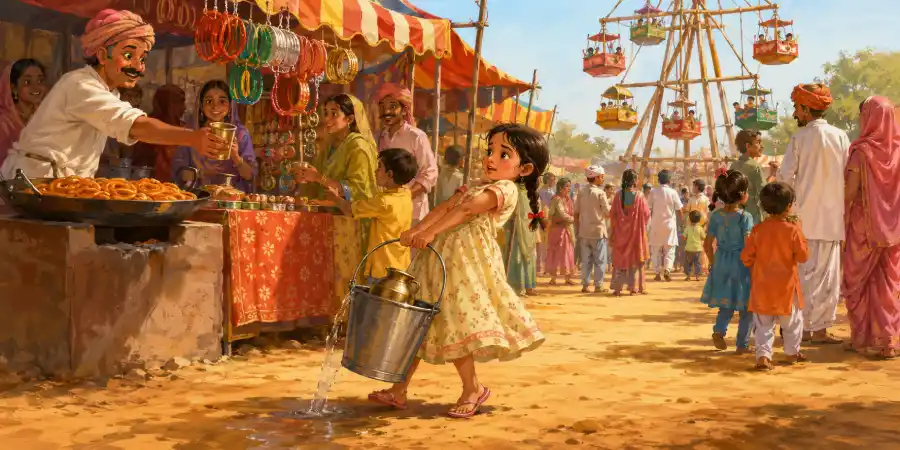 गाँव के मेले में लगा लकड़ी का बड़ा झूला और नीचे खड़ी एक लड़की जो ऊपर देख रही है