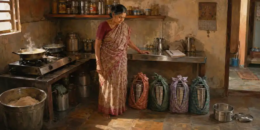 स्टील के टिफ़िन डिब्बों की क़तार, बग़ल में हिसाब की कापी और पेन