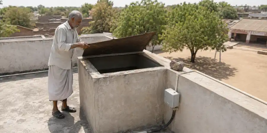 स्कूल की छत पर बना सीमेंट का पानी का टैंक जिसका ढक्कन जंग लगी चादर से ढँका है