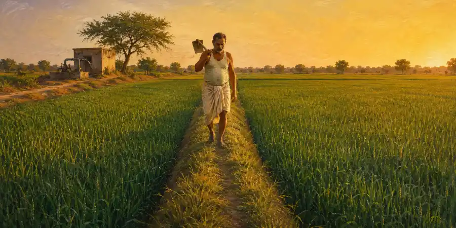 गाँव के खेत के किनारे खड़े दो लोग और उनके बीच काग़ज़ पकड़े हुए एक दलाल