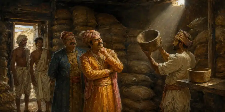 अनाज नापने का लकड़ी का पुराना पैमाना जिस पर कोई सरकारी ठप्पा नहीं है, बोरियों के पास रखा हुआ