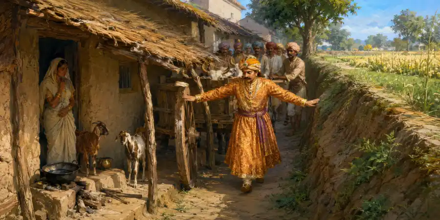 गाँव का सँकरा रास्ता जिसके एक तरफ़ फूस की झोंपड़ी बनी है और दूसरी तरफ़ खेत की मेंड़ है
