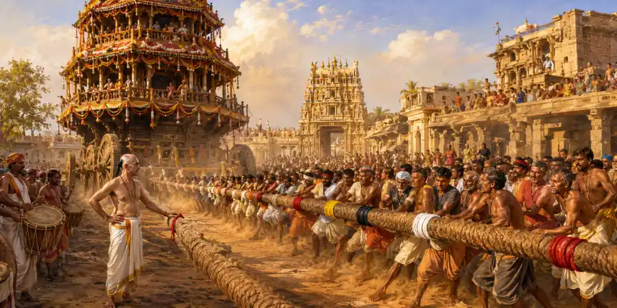 मंदिर के सामने खड़ा लकड़ी का विशाल रथ और उससे बँधी लंबी मोटी रस्सी