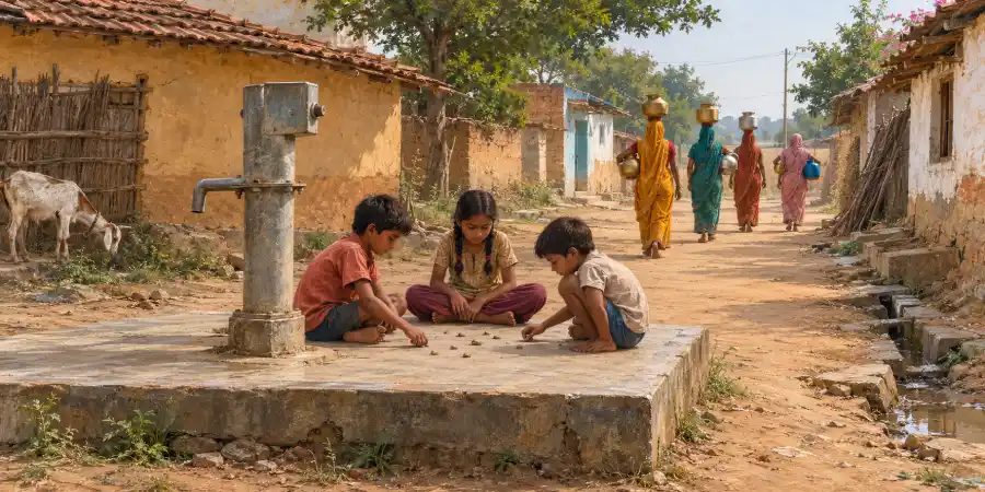 प्राथमिक स्वास्थ्य केंद्र की मेज़ पर रखी जाँच की पर्ची और पानी की नमूने वाली काँच की शीशी