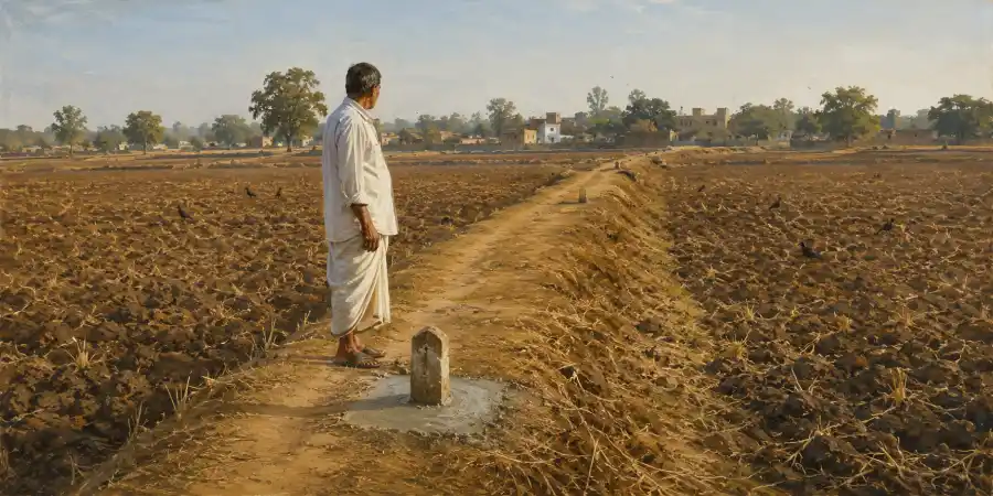 खेत की मेंड़ पर गड़ा हुआ सीमा का पुराना पत्थर और उसके पास से गुज़रती एक पगडंडी