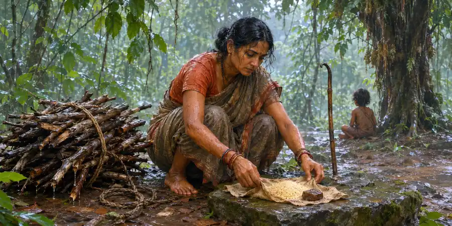 सावन के भीगे जंगल में महुए के नीचे बैठा एक छोटा लड़का और पास पड़ा चपटा पत्थर