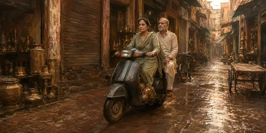 गली में खड़ा पुराना स्कूटर, उसका शीशा और पीछे बरसात में भीगी दीवार