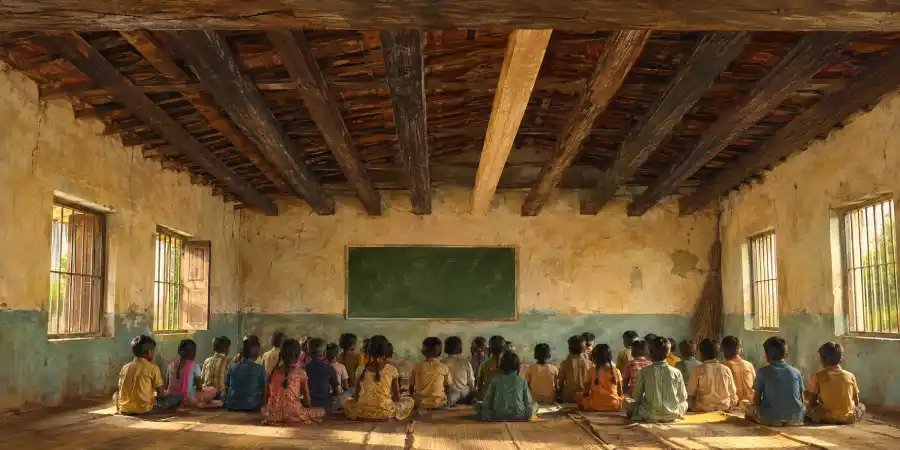 स्कूल की छत के नीचे लकड़ी के शहतीरों की क़तार, जिनमें एक का रंग बाक़ी से अलग है