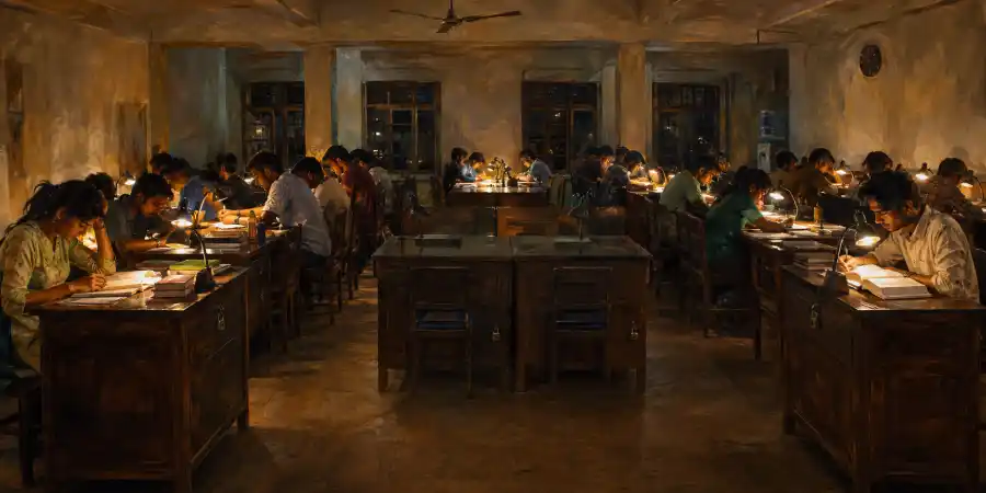 वाचनालय की कतार में लगी लकड़ी की मेज़ें, हर मेज़ के नीचे छोटी अलमारी और उस पर लगा ताला