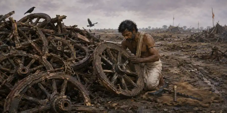 छावनी के किनारे रथ का उतरा हुआ पहिया, औज़ार और लकड़ी के टुकड़े