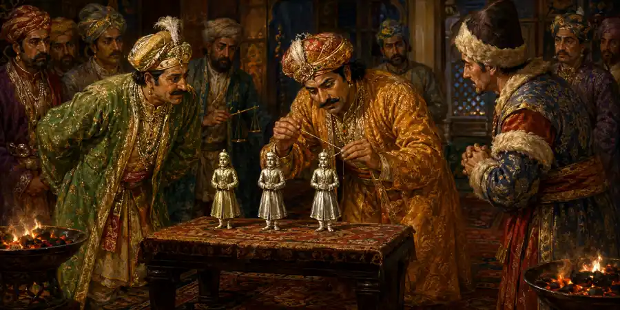 दरबार की मेज़ पर एक क़तार में रखी चाँदी की तीन एक जैसी गुड़ियाँ और पास पड़ा एक पतला तार