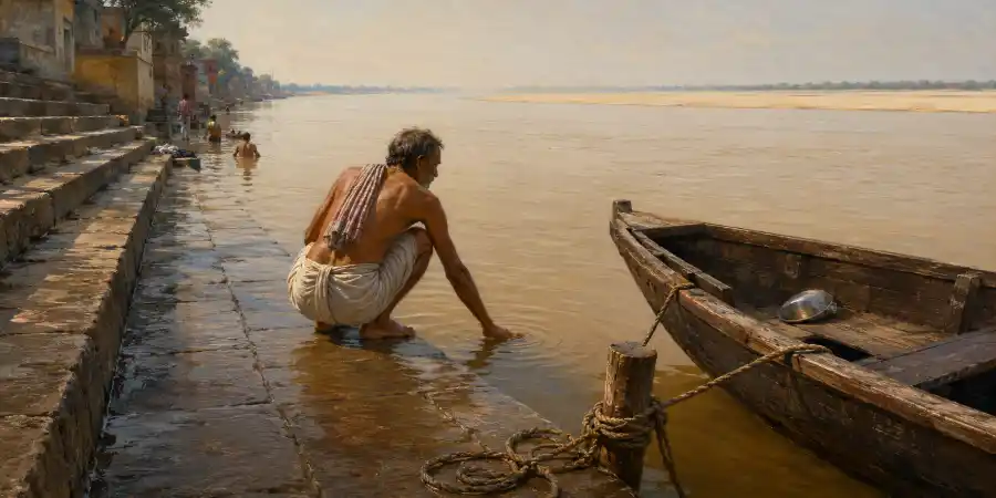 गंगा के घाट की पत्थर की सीढ़ियाँ जेठ की सुबह में, नीचे बँधी लकड़ी की नाव और उसमें रखा टीन का लोटा