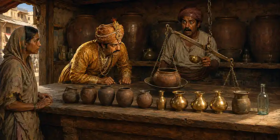 तेली की दुकान पर रखा पुराना तराज़ू और उसके पास मिट्टी तथा पीतल के अलग-अलग तरह के बरतन