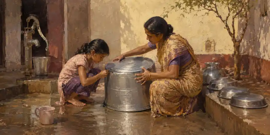 रसोई में उलटा रखा स्टील का बरतन, जिसकी तली पर कील से खुरची हुई तारीख़ दिख रही है
