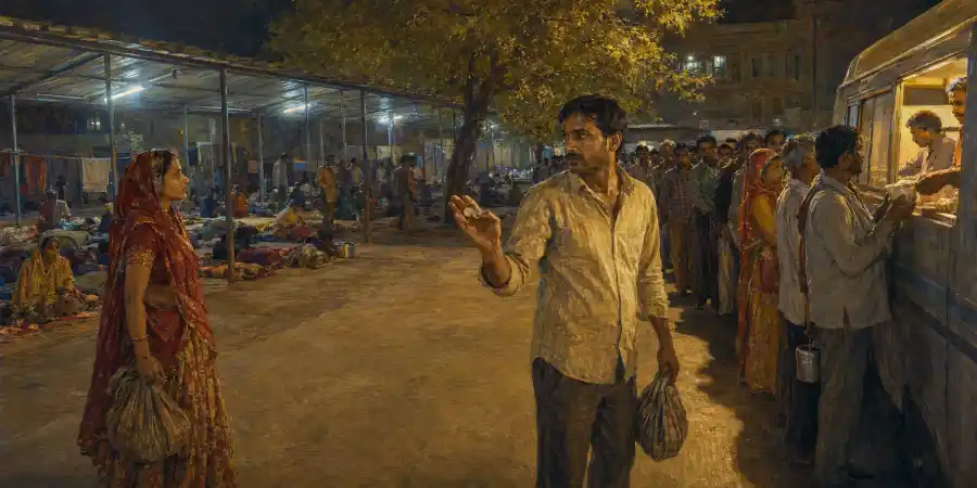 अस्पताल के बाहर तीमारदारों का टीन वाला शेड और खाने की लाइन में हाथ में पकड़े दो टोकन