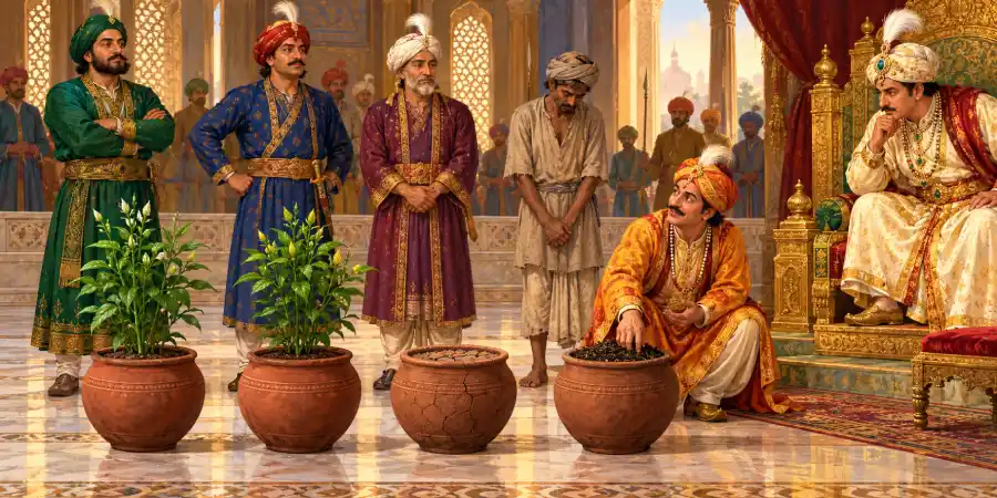 मिट्टी के चार गमले एक क़तार में रखे हैं, तीन में हरे पौधे हैं और चौथे में सिर्फ़ जुती हुई गीली मिट्टी