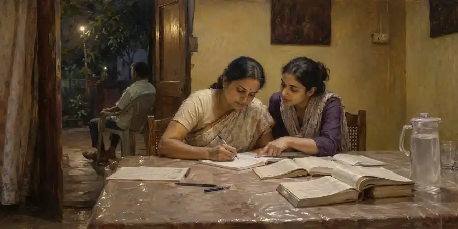 घर की मेज़ पर खुली किताबें, दो कुर्सियाँ और दाख़िले का भरा हुआ फ़ॉर्म