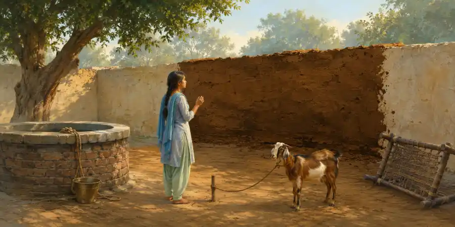 गाँव का पुराना पक्का कुआँ जिसकी जगत पर एक तारीख़ खुदी है और पास खड़ी एक लड़की